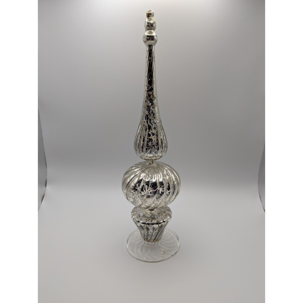 Vtg Fluted‎ Finial Tree Topper 12" Silver Splatter Glass Art Glass Original Box
